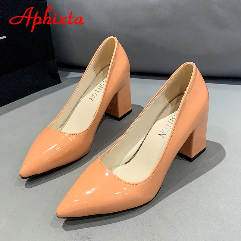 Aphixta New 2.9Inch Pointed Tou Patent Leather Shoes Women Pumps Purple Colorful Thick Heels Work Pointed Toe Heels Plus Size 50