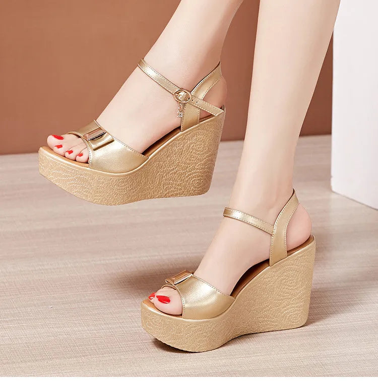 2024 New Open Head Platform Sandals Women Shoes 2024 Bow High Heels Wedges Sandals Ladies Elegant Office Sandals Gold