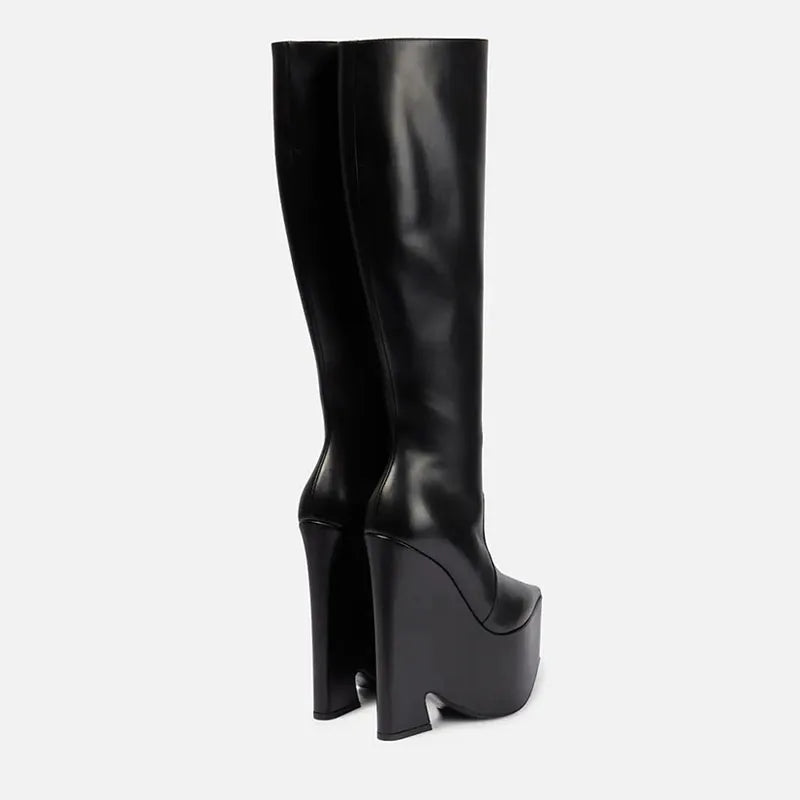 Arden Furtado 2024 New black platform knee high boots fashion Pointed toe skinny calf knee high boots Side zipper Riding boots