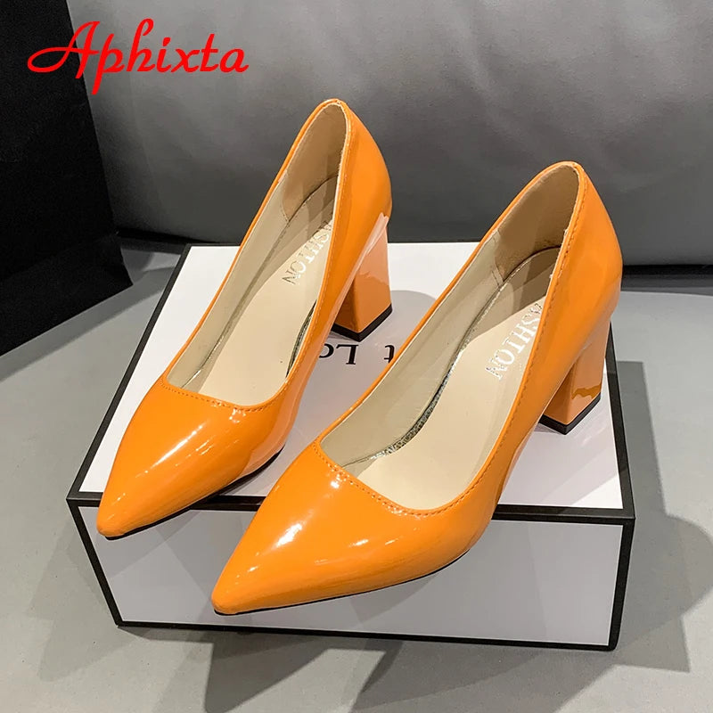 Aphixta New 2.9Inch Pointed Tou Patent Leather Shoes Women Pumps Purple Colorful Thick Heels Work Pointed Toe Heels Plus Size 50