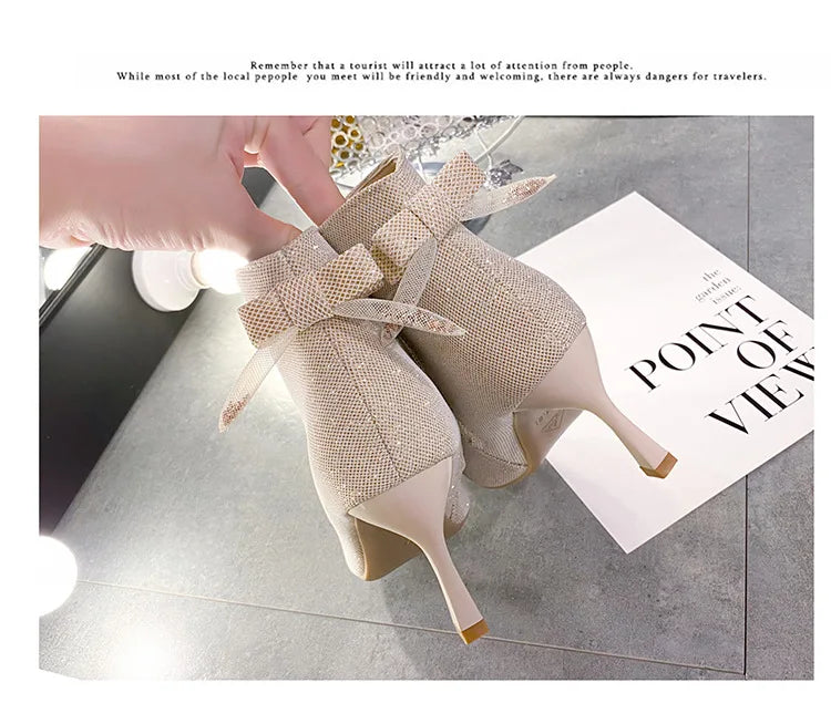 Bow Beige Short Botas Women's Stiletto Pointed Toe High-heeled 7CM Ankle Boots All-match Elastic Nude Shoes 2023 Spring/Autumn