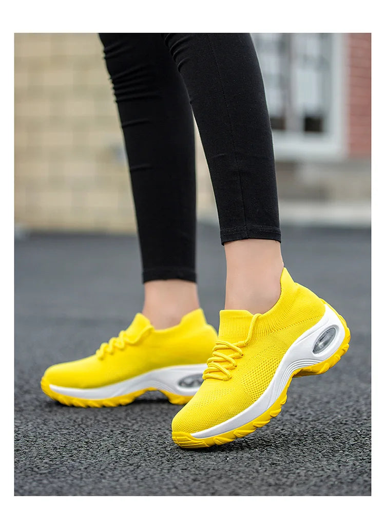 Women Casual Shoes Yellow Walk Shoes Arch Support Casual Sneakers Air Cushion Sport Running Shoes Breathable Autumn Sock Sneaker