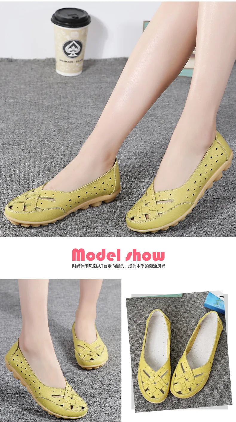 New Women Sandals Fashion Soft Sole Flat Heel Women Hollow Flat Shoes Woman Genuine Leather Shoes Female Casual 2023