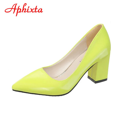 Aphixta New 2.9Inch Pointed Tou Patent Leather Shoes Women Pumps Purple Colorful Thick Heels Work Pointed Toe Heels Plus Size 50