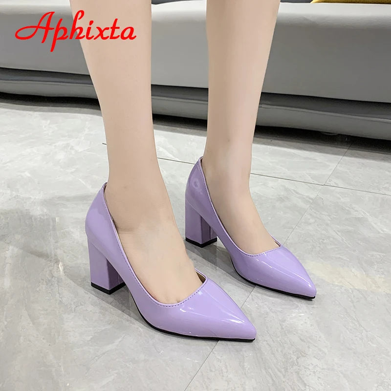 Aphixta New 2.9Inch Pointed Tou Patent Leather Shoes Women Pumps Purple Colorful Thick Heels Work Pointed Toe Heels Plus Size 50