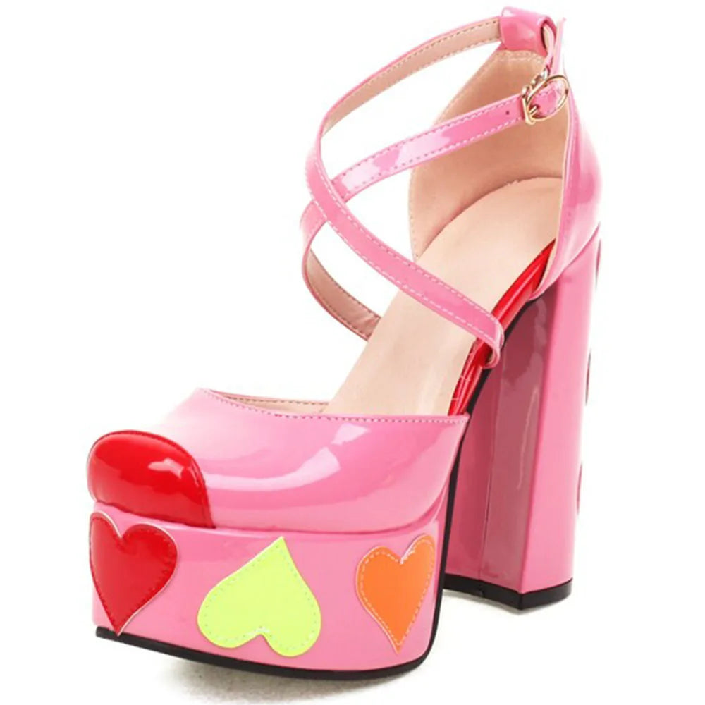 Luxury Designer Marry Janes Pumps For Women Love Heart High Heels Buckle Platform Punk Chunky Pink Wedding Party women's Shoes