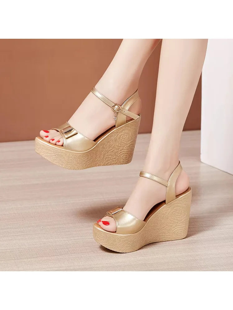 2024 New Open Head Platform Sandals Women Shoes 2024 Bow High Heels Wedges Sandals Ladies Elegant Office Sandals Gold