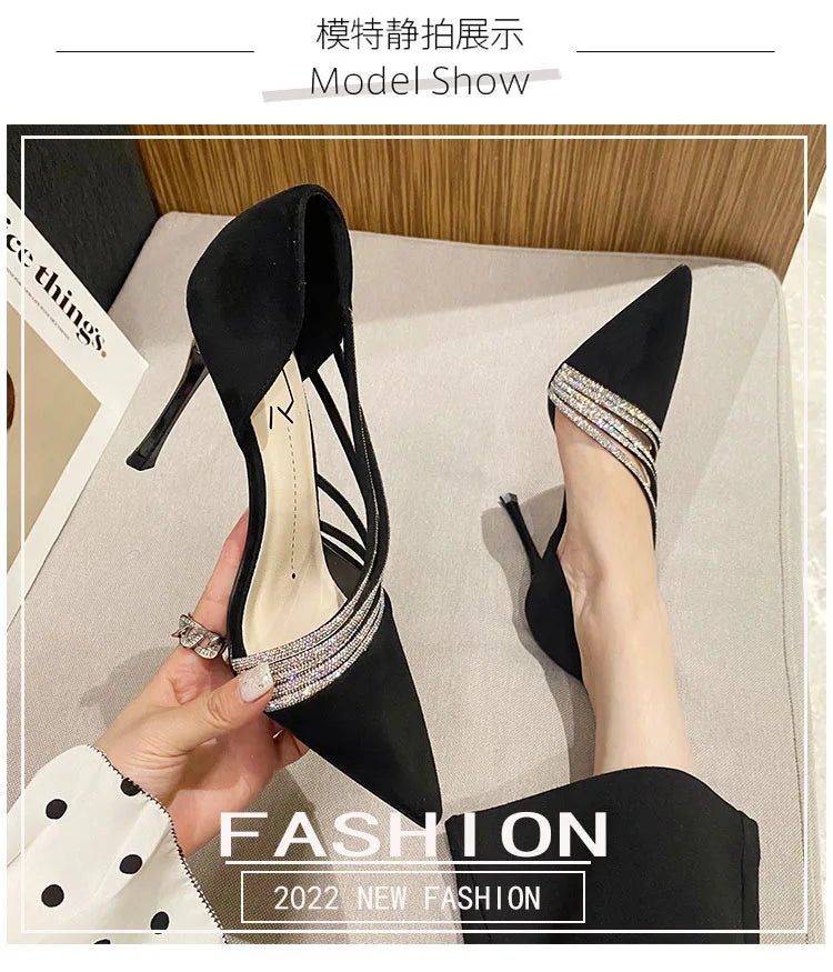 Pumps Women New Autumn Evening Party High Heels Ladies Pointed Toe Nude Leather Black Suede Gold Patent Leather Strappy