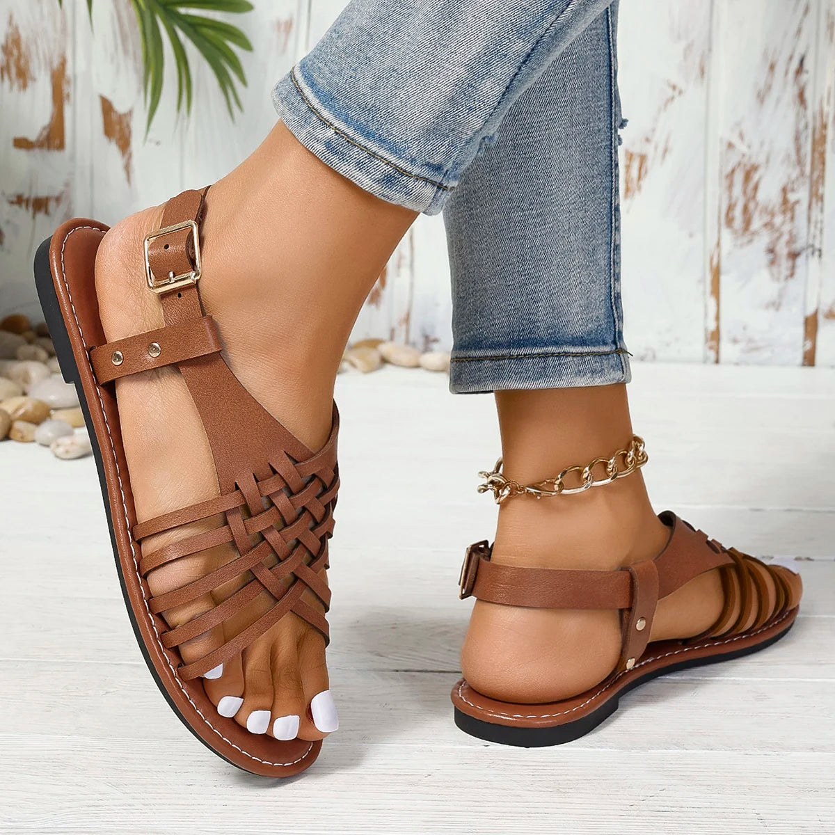 Women Fashion Casual Summer 2023 New Flat Solid Color Shoes Crisscross Ankle Strap Summer Beach Sandals