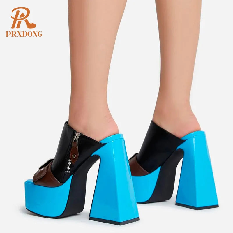 PRXDONG New Summer Women's Shoes Sexy High Heels Thick Platform Shoes Black Blue Dress Party Casual Female Slippers Size 34-43