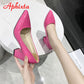 Aphixta New 2.9Inch Pointed Tou Patent Leather Shoes Women Pumps Purple Colorful Thick Heels Work Pointed Toe Heels Plus Size 50