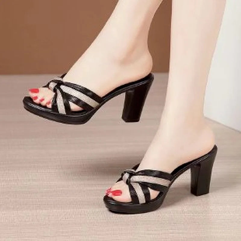 New Brand High Heels Shoes Women Chunky Slippers Summer Designer Party Pumps Ladies Sandals Sexy Dress Slides Flip Flops