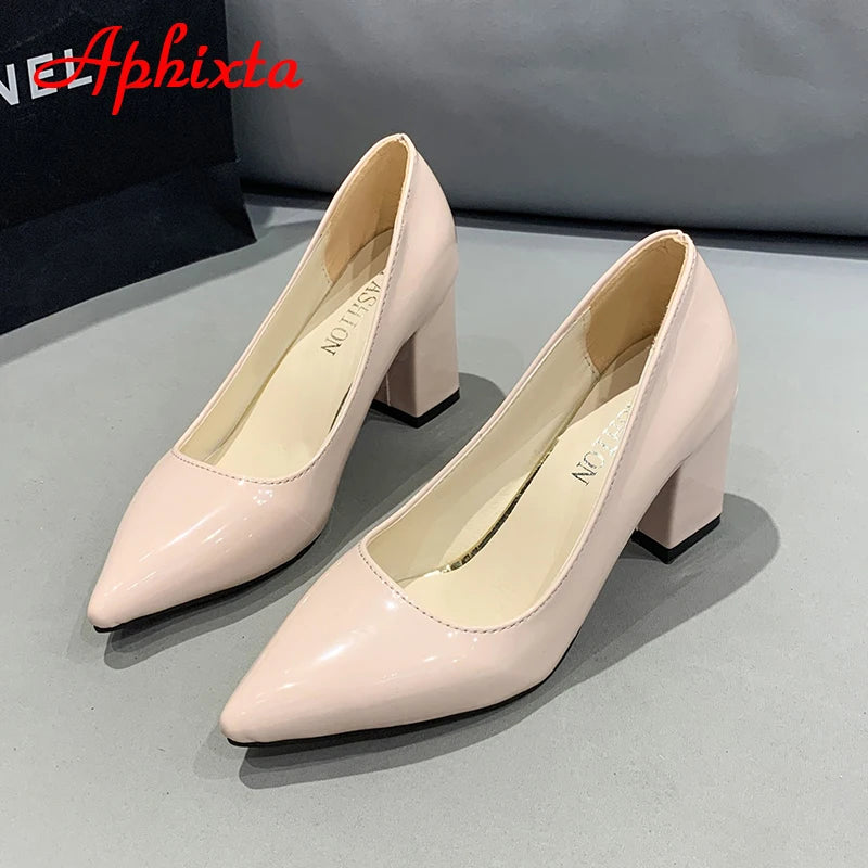 Aphixta New 2.9Inch Pointed Tou Patent Leather Shoes Women Pumps Purple Colorful Thick Heels Work Pointed Toe Heels Plus Size 50