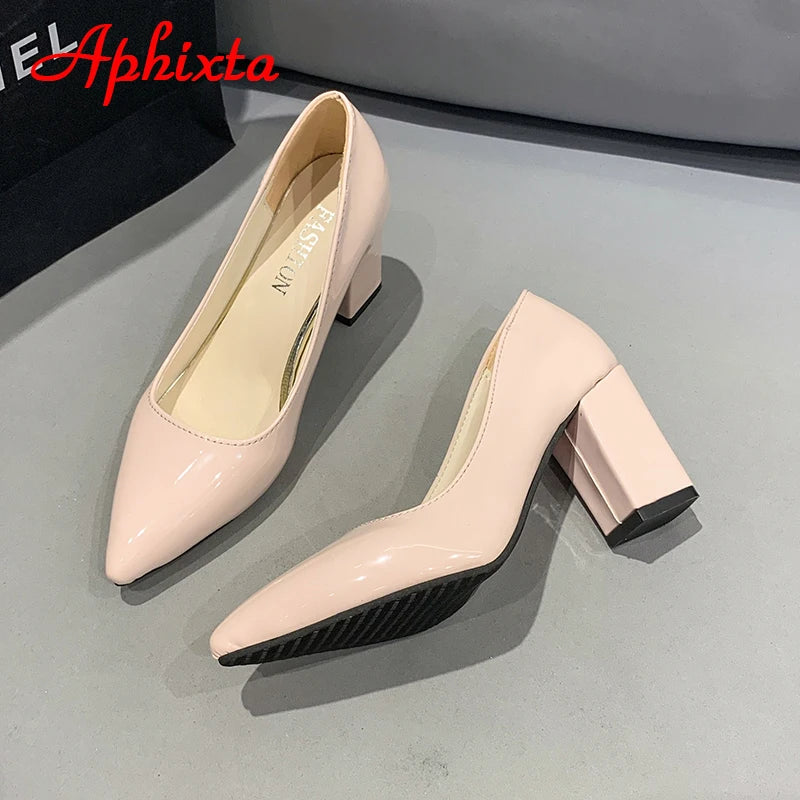 Aphixta New 2.9Inch Pointed Tou Patent Leather Shoes Women Pumps Purple Colorful Thick Heels Work Pointed Toe Heels Plus Size 50