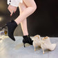 Bow Beige Short Botas Women's Stiletto Pointed Toe High-heeled 7CM Ankle Boots All-match Elastic Nude Shoes 2023 Spring/Autumn