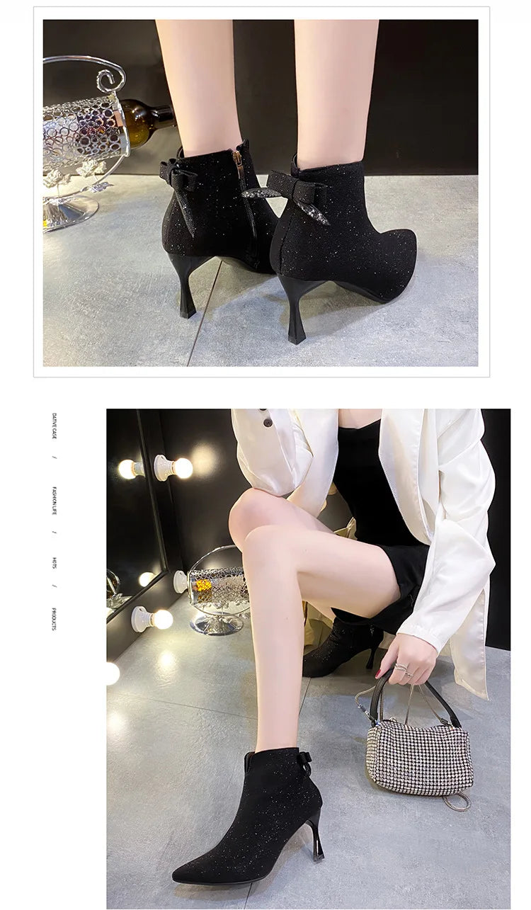 Bow Beige Short Botas Women's Stiletto Pointed Toe High-heeled 7CM Ankle Boots All-match Elastic Nude Shoes 2023 Spring/Autumn