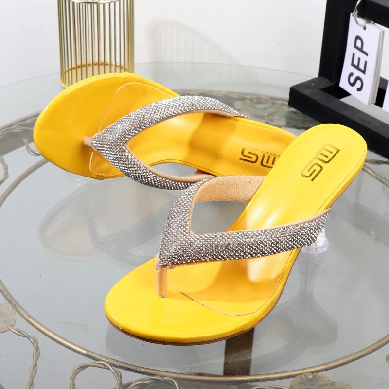 Women's shoes 2022autumn flip flops high heels transparent heel rhinestones outdoor sandals elegant 42size female slippers 8CM