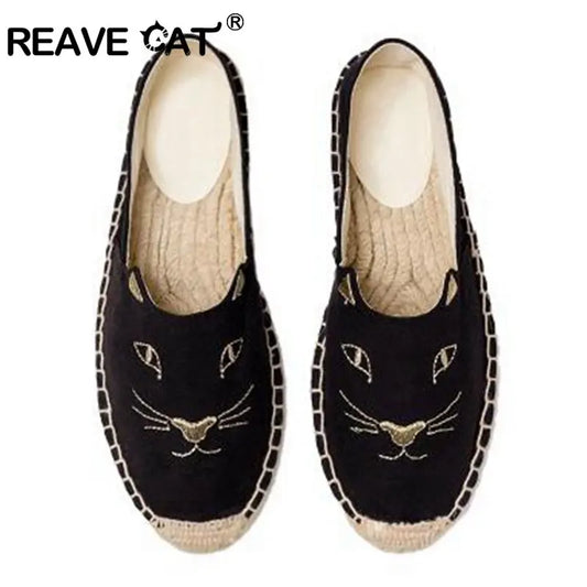 REAVE CAT  cute Embroider Women Shoes Loafers Slip on Shoes Espadrilles Hemp Canvas Flat Shoes chaussure