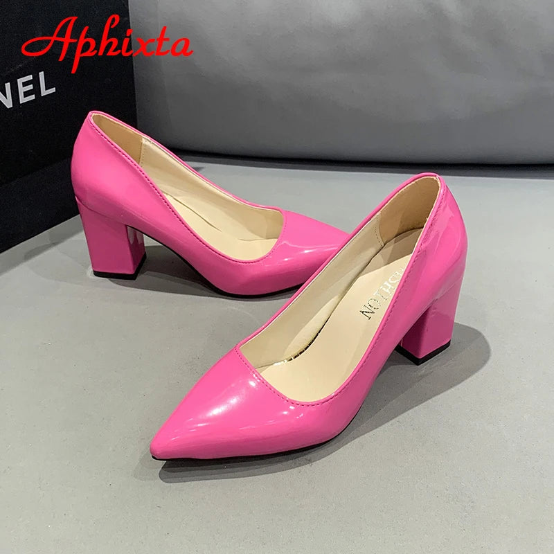 Aphixta New 2.9Inch Pointed Tou Patent Leather Shoes Women Pumps Purple Colorful Thick Heels Work Pointed Toe Heels Plus Size 50