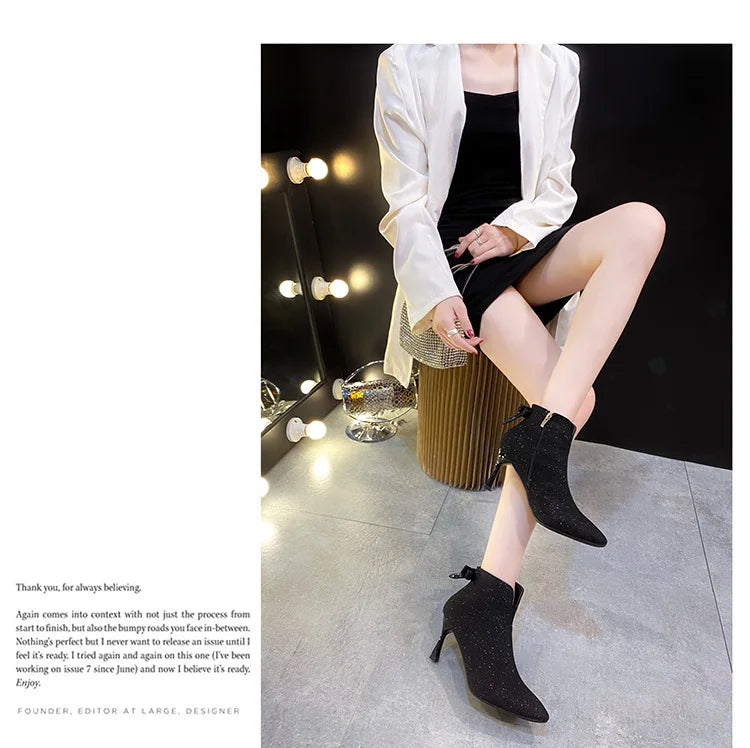 Bow Beige Short Botas Women's Stiletto Pointed Toe High-heeled 7CM Ankle Boots All-match Elastic Nude Shoes 2023 Spring/Autumn