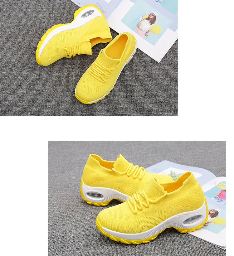 Women Casual Shoes Yellow Walk Shoes Arch Support Casual Sneakers Air Cushion Sport Running Shoes Breathable Autumn Sock Sneaker