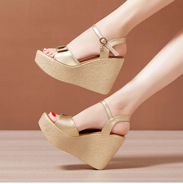 2024 New Open Head Platform Sandals Women Shoes 2024 Bow High Heels Wedges Sandals Ladies Elegant Office Sandals Gold