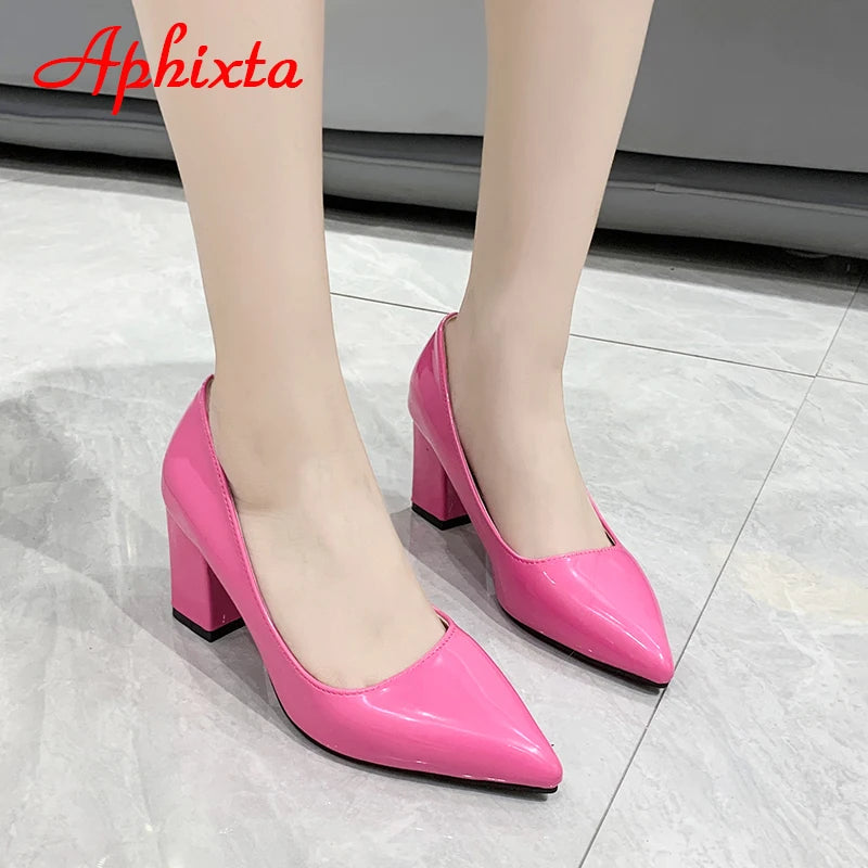 Aphixta New 2.9Inch Pointed Tou Patent Leather Shoes Women Pumps Purple Colorful Thick Heels Work Pointed Toe Heels Plus Size 50