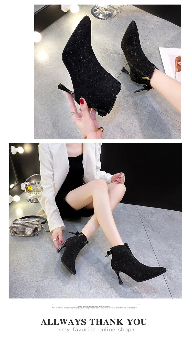 Bow Beige Short Botas Women's Stiletto Pointed Toe High-heeled 7CM Ankle Boots All-match Elastic Nude Shoes 2023 Spring/Autumn