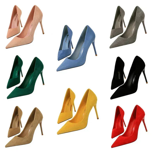 Women 9cm High Heels Daily Party Colorful Suede Pumps Lady Scarpins Stiletto Evening Banquet Red Yellow Shoes Plus Size 34-43