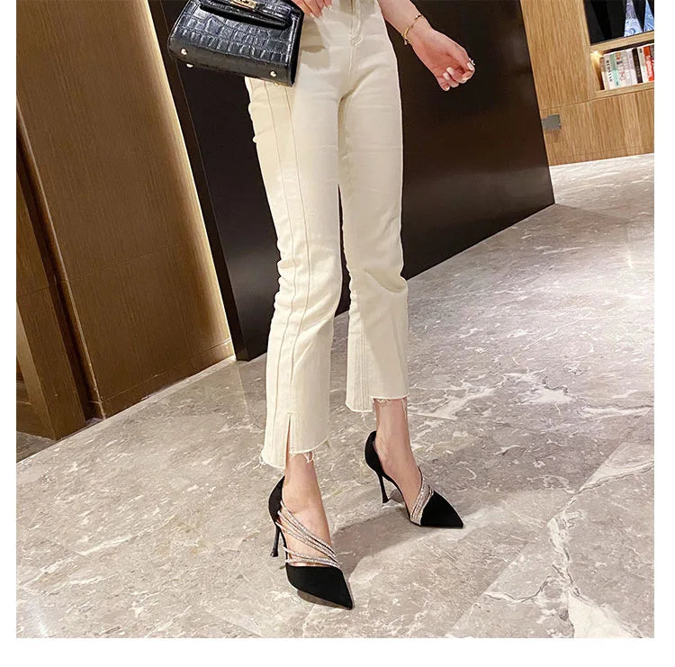 Pumps Women New Autumn Evening Party High Heels Ladies Pointed Toe Nude Leather Black Suede Gold Patent Leather Strappy