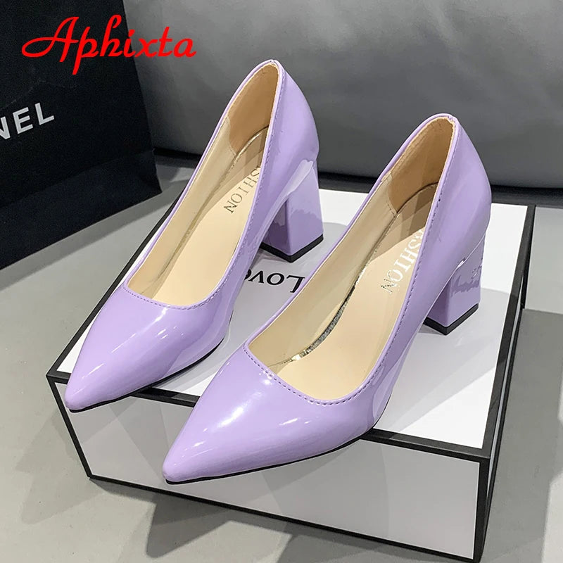 Aphixta New 2.9Inch Pointed Tou Patent Leather Shoes Women Pumps Purple Colorful Thick Heels Work Pointed Toe Heels Plus Size 50