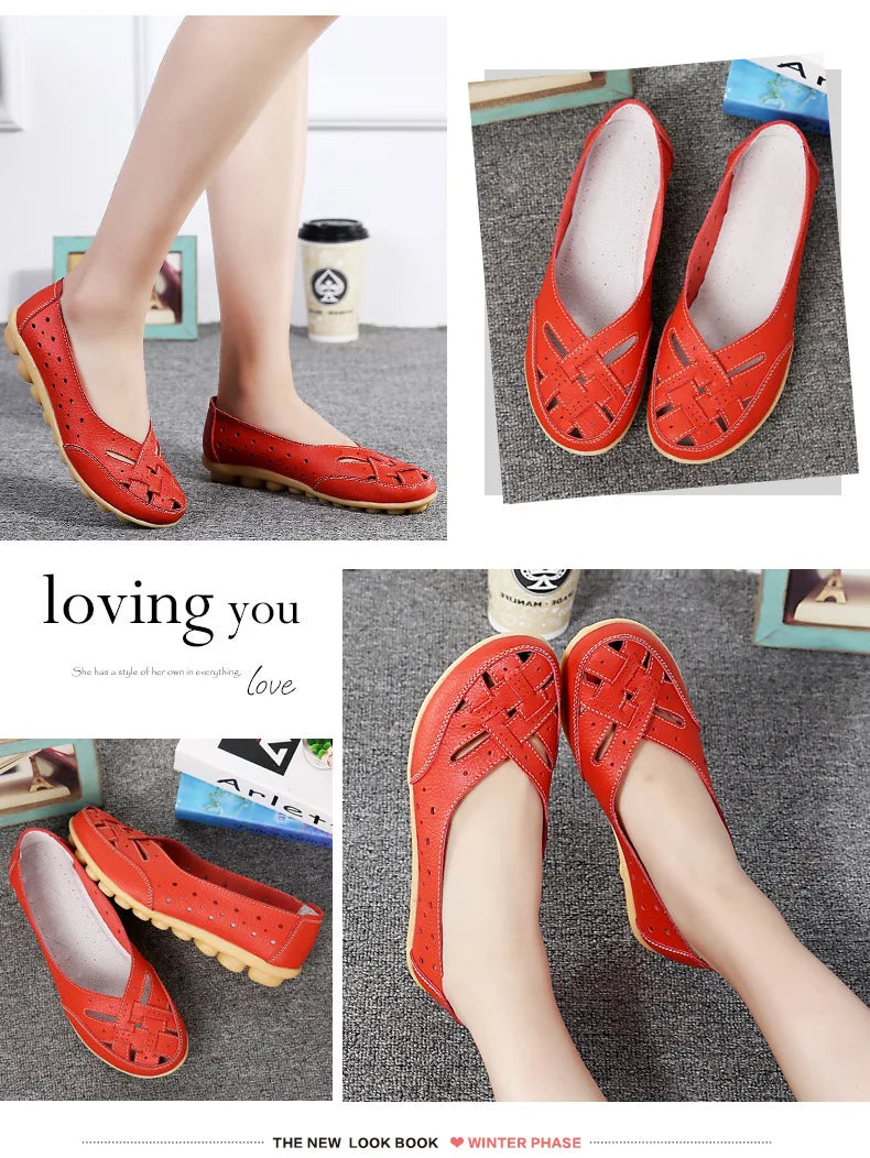 New Women Sandals Fashion Soft Sole Flat Heel Women Hollow Flat Shoes Woman Genuine Leather Shoes Female Casual 2023