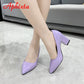 Aphixta New 2.9Inch Pointed Tou Patent Leather Shoes Women Pumps Purple Colorful Thick Heels Work Pointed Toe Heels Plus Size 50