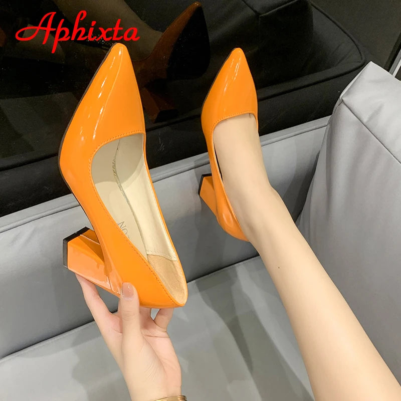 Aphixta New 2.9Inch Pointed Tou Patent Leather Shoes Women Pumps Purple Colorful Thick Heels Work Pointed Toe Heels Plus Size 50