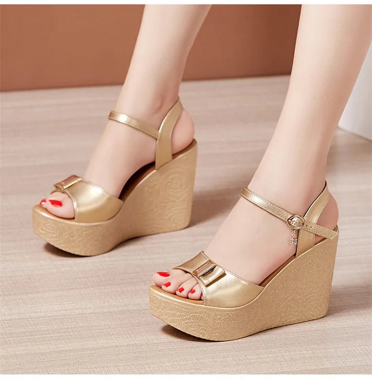 2024 New Open Head Platform Sandals Women Shoes 2024 Bow High Heels Wedges Sandals Ladies Elegant Office Sandals Gold