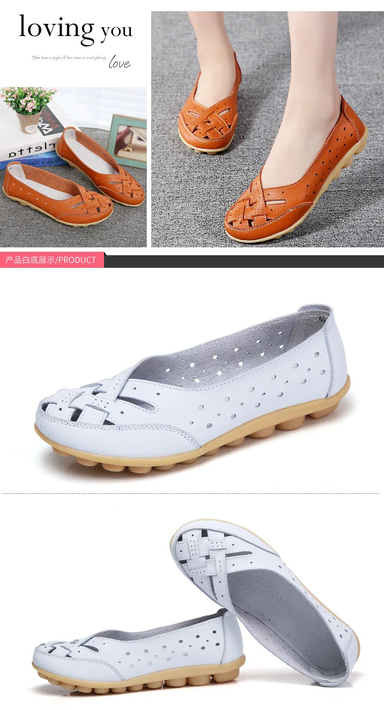 New Women Sandals Fashion Soft Sole Flat Heel Women Hollow Flat Shoes Woman Genuine Leather Shoes Female Casual 2023