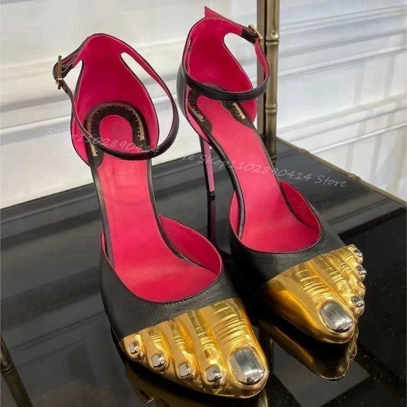 Golden Brass Five Fingers Black Satin Sandals Ankle Buckle Strap Women Shoes Thin High Heels New Runway 2024 Zapatos Para Mujere