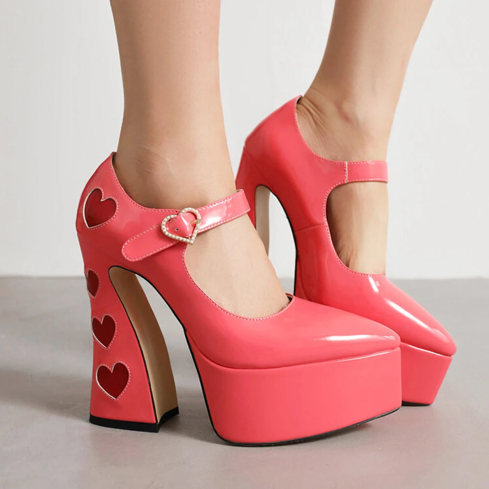 Luxury Designer Marry Janes Pumps For Women Love Heart High Heels Buckle Platform Punk Chunky Pink Wedding Party women's Shoes