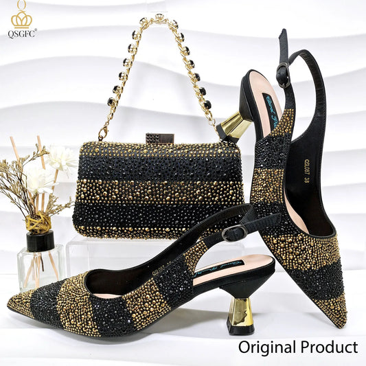 QSGFC Ladies High Quality Women's Pumps A Pair shoes Or set Italian Fashion Design Black Gold Color Bag For Nigeria Wedding