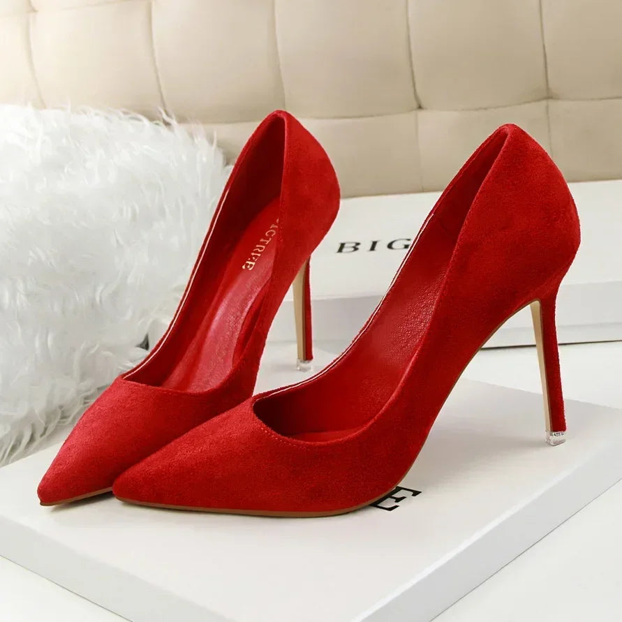 Women 9cm High Heels Daily Party Colorful Suede Pumps Lady Scarpins Stiletto Evening Banquet Red Yellow Shoes Plus Size 34-43