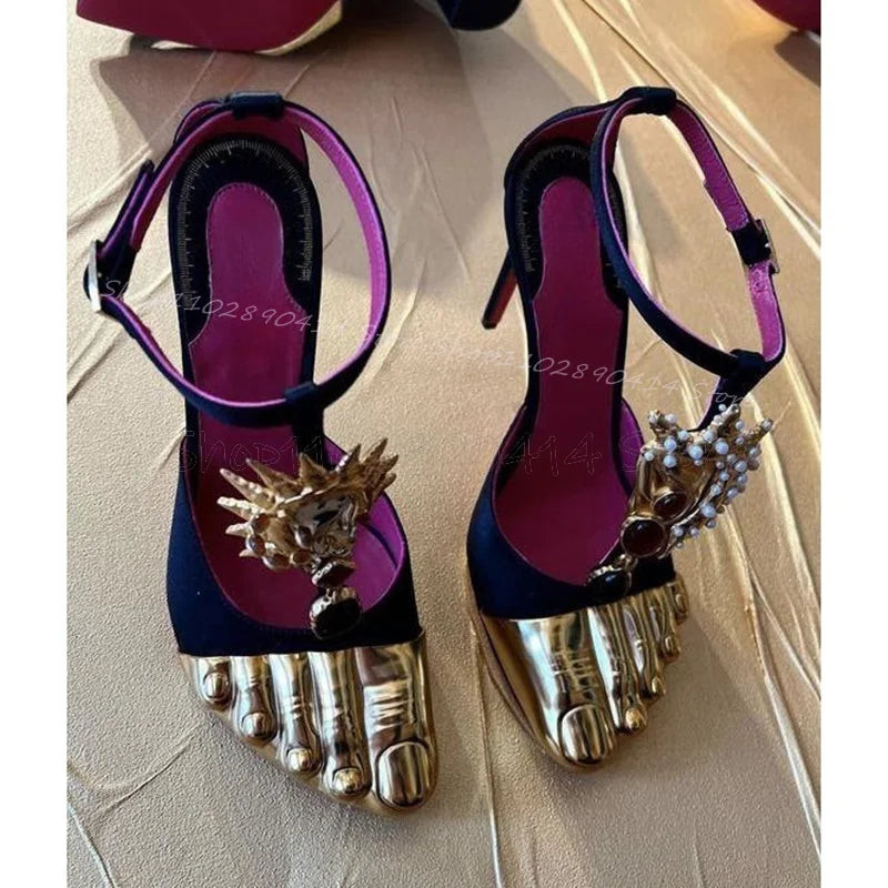 Golden Brass Five Fingers Black Satin Sandals Ankle Buckle Strap Women Shoes Thin High Heels New Runway 2024 Zapatos Para Mujere