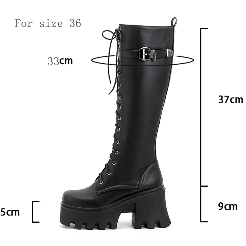 Chunky Knee High Boots Women Platform Goth Punk Heels PU Leather Black Retro Long Winter Shoes Female Lace Up Rain Boot