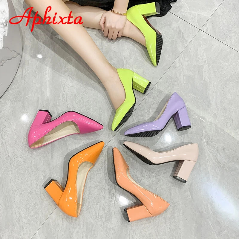 Aphixta New 2.9Inch Pointed Tou Patent Leather Shoes Women Pumps Purple Colorful Thick Heels Work Pointed Toe Heels Plus Size 50