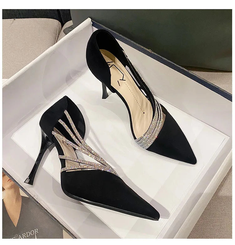 Pumps Women New Autumn Evening Party High Heels Ladies Pointed Toe Nude Leather Black Suede Gold Patent Leather Strappy