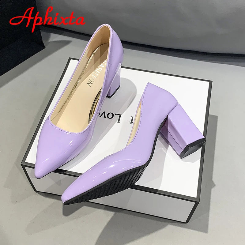 Aphixta New 2.9Inch Pointed Tou Patent Leather Shoes Women Pumps Purple Colorful Thick Heels Work Pointed Toe Heels Plus Size 50