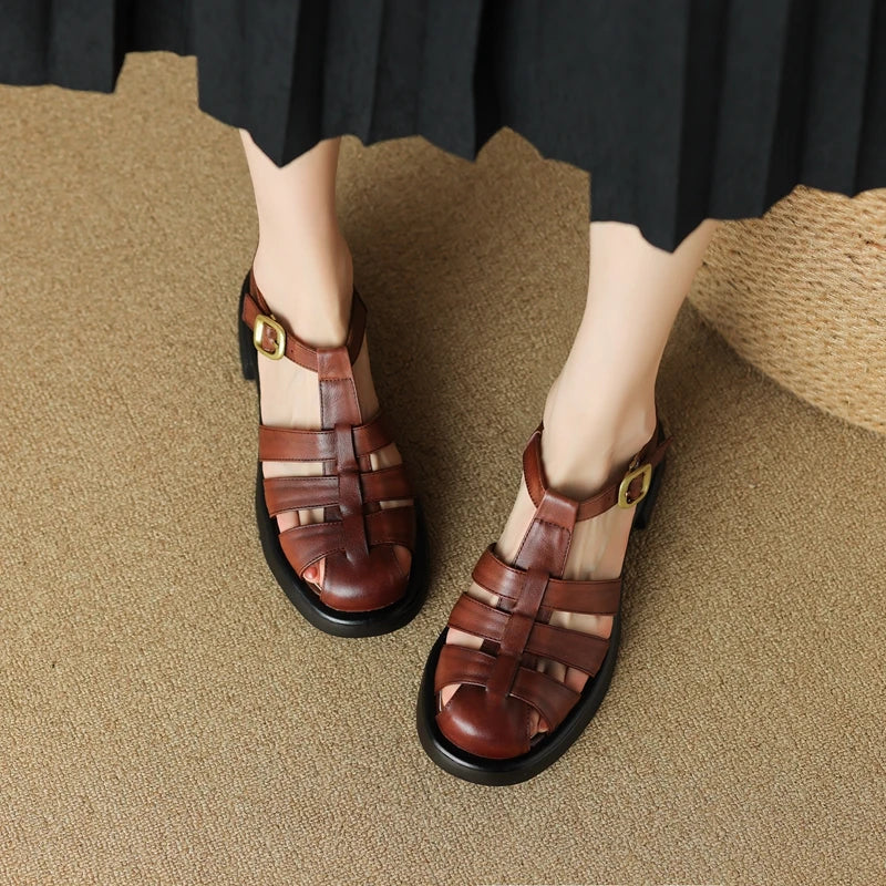 Kaky's New Round Head Cowhide Mid Heel Large Women's Sandals Roman Sandals Baotou Fashion Shoes