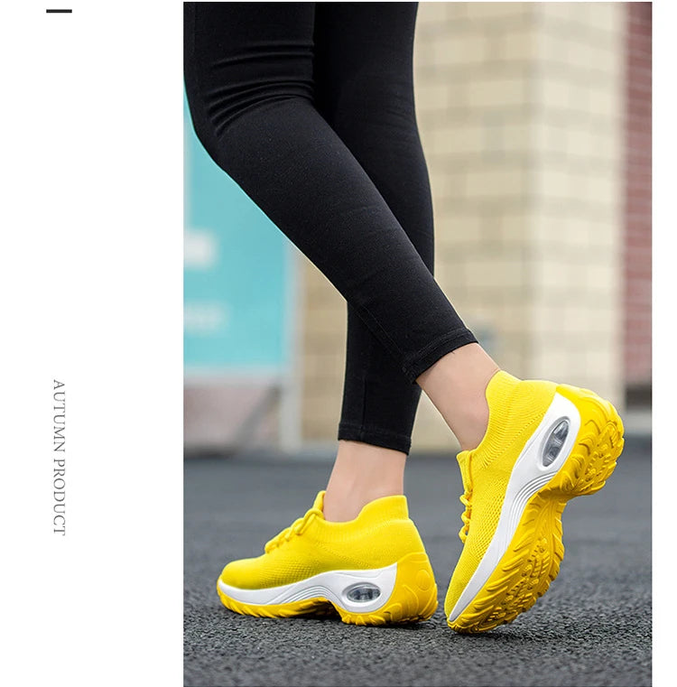 Women Casual Shoes Yellow Walk Shoes Arch Support Casual Sneakers Air Cushion Sport Running Shoes Breathable Autumn Sock Sneaker