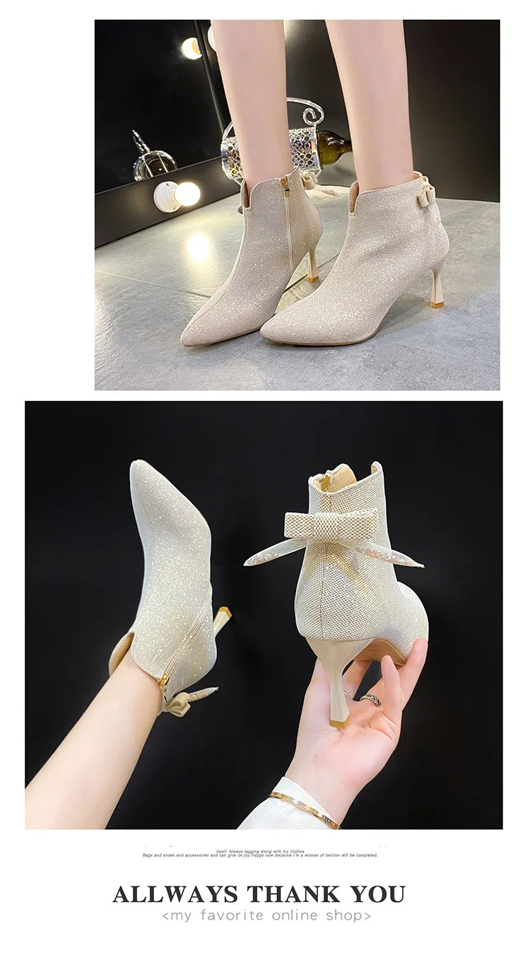 Bow Beige Short Botas Women's Stiletto Pointed Toe High-heeled 7CM Ankle Boots All-match Elastic Nude Shoes 2023 Spring/Autumn