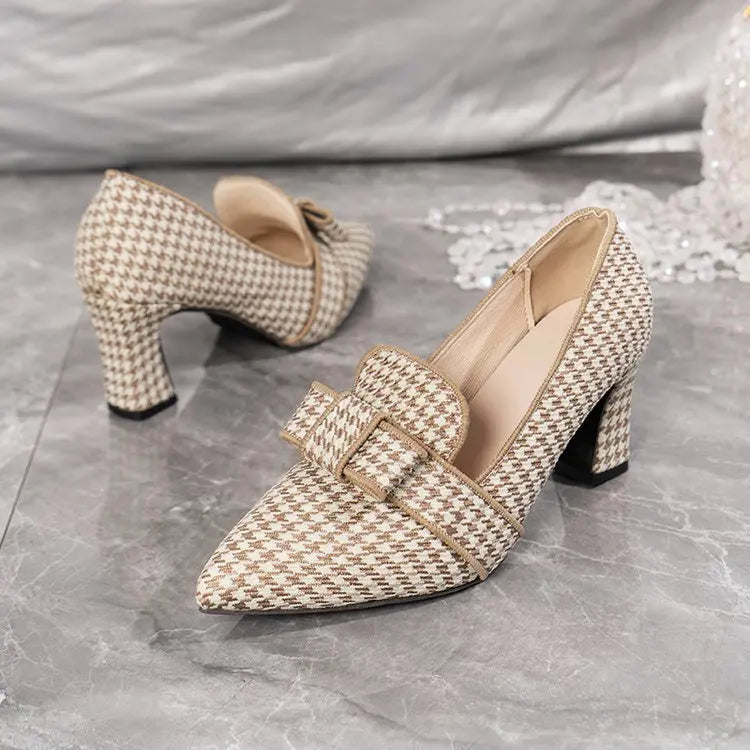 Pumps Women Houndstooth Bowknot Decor Chunky Shoes Point Toe Low Heel Wear Houndstooth Bowknot Decor Chunky Pumps