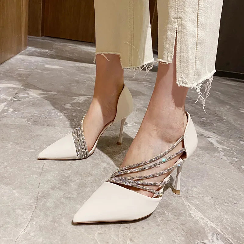 Pumps Women New Autumn Evening Party High Heels Ladies Pointed Toe Nude Leather Black Suede Gold Patent Leather Strappy